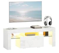HOMCOM Meuble TV 120 cm avec éclairage LED RGB, Haute Brillance, Meuble télé pour jusqu'à 43-50 Pouces, étagères en Verre trempé et Placard Rabattable, Banc TV pour Salon, Chambre à Coucher, Blanc