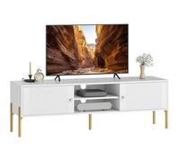 HOMCOM Meuble TV 140 cm, Meuble télé pour téléviseur jusqu'à 65 Pouces avec 2 Portes, 2 Compartiments Ouverts et Pieds en Acier, 2 Passe-câbles, Banc TV Moderne pour Salon, Chambre à Coucher, Blanc