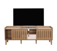 Meuble Tv Hwc-M48, Buffet Tv, Porte Coulissante En Bois Massif De Manguier 56x150x40cm Naturel, Tiroir Blanc Multicolore