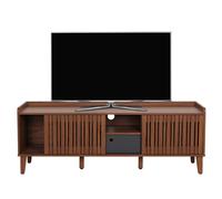 Meuble Tv Hwc-M48, Buffet Tv, Porte Coulissante En Bois Massif De Manguier 56x150x40cm Aspect Noyer, Tiroir Gris Foncé Multicolore