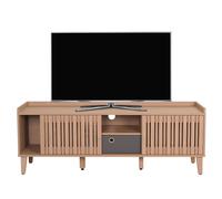Meuble Tv Hwc-M48, Buffet Tv, Porte Coulissante En Bois Massif De Manguier 56x150x40cm Beige, Tiroir Gris Multicolore
