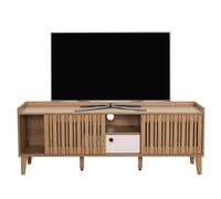Meuble Tv Hwc-M48, Buffet Tv, Porte Coulissante En Bois Massif De Manguier 56x150x40cm Naturel, Tiroir Blanc Multicolore