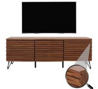 Meuble Tv Hwc-M49, Armoire Basse Tv, Compartiments De Rangement Design 3d, Bois Massif Mangue Métal 52x142x44cm Aspect Noyer Multicolore
