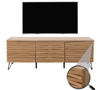 Meuble TV HWC-M49, armoire basse TV, compartiments de rangement design 3D, bois massif mangue métal 52x142x44cm naturel