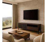 Meuble TV HWC-O40, meuble TV bas 2 tiroirs portes compartiments de rangement, MDF métal mélamine 48x155x40cm aspect noyer Marron