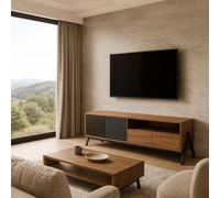 Meuble TV HWC-O40, Meuble TV Bas 2 tiroirs Portes Compartiments de Rangement, MDF métal mélamine 48x155x40cm - Naturel