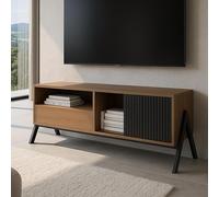 Meuble TV HWC-O40, Meuble TV Bas, Porte coulissante, Compartiments de Rangement, tiroir, MDF, métal, mélamine, 49 x 120 x 40 cm - Naturel