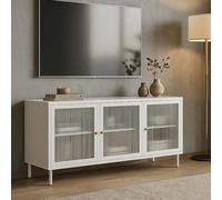 Meuble TV HWC-O87 en Verre et rotin 58 x 120 x 40 cm Blanc