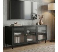 Meuble TV HWC-O87 en Verre et rotin 58 x 120 x 40 cm Noir