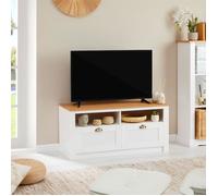 IDIMEX Meuble TV Bolton 2 tiroirs et 2 niches de Rangement, Meuble télé Design Campagne en pin Massif Blanc et Brun, dim 110x50x40 cm