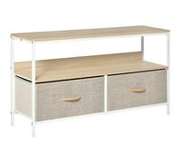 HomCom Meuble TV industriel 2 tiroirs – tissu gris, acier, MDF blanc, bois clair