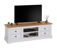 IDIMEX Meuble TV Kent L 144 cm en Bois Massif Blanc et Brun avec Rangement 4 tiroirs et 2 niches pour télévision jusqu'à 60 Pouces 144 x 46 x 45 cm