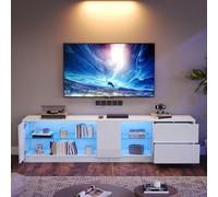 Meuble TV - Lampe LED à intensité variable - Pour téléviseur jusqu'à 70" - Design de rangement à trois couches avec porte coulissante réversible réglable - Salon - Panneau de particules - Blanc (160 x