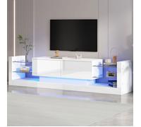 Meuble TV Laqué Blanc avec Éclairage LED et 2 Tiroirs Abattants - Armoire TV Moderne 181 x 38 x 38 cm pour TV jusqu’à 80 pouces