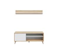Meuble Tv Laura 2 Niches, 1 Porte Et Étagère Murale L135cm - Blanc / Bois Blanc