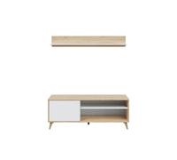 Meuble TV LAURA 2 niches, 1 porte et étagère murale L135cm - Blanc et Bois