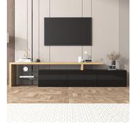 Meuble TV LED 200 cm, Style moderne avec 3 portes et 2 étagères en verre, aspect bois, Banc tv pour chambre ou salon, noir