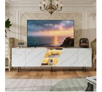 Meuble TV LED - 220cm - Support pour TV 85-95 Pouces, 4 Portes et Rangement Ouvert, Table Télé avec Motif marbre pour Salon, Blanc