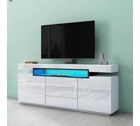 Meuble TV LED blanc avec 2 portes et 3 tiroirs Buffet moderne pour salon salle à manger 160 x 35 x 72 cm