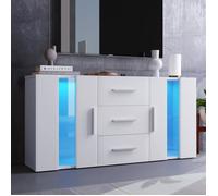 Meuble TV LED Blanc Brillant Moderne - Commode 2 Portes 3 Tiroirs - Buffet Bas Salon Meuble de Salle à Manger