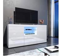 Meuble TV LED - DINKALEN - Surface brillante - Blanc - Moderne - Avec rangement