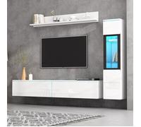 Meuble TV LED ensemble de 3 pièces étagère murale suspendue finition blanc brillant