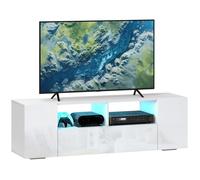 HomCom Meuble TV 140 cm LED – 2 étagères, placards, blanc laqué