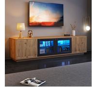 Meuble TV LED, meuble de salon Lowboard,long 180cm, pour téléviseurs Jusqu'à 75 pouces, Couleur bois naturel + noir, 180x40x45cm