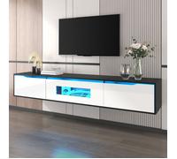 Meuble TV LED mural ou posé, MDF & panneaux, noir et blanc laqué, 180×35×30 cm