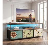 Meuble TV LED RGB Boho 137 cm, bois tigré et tissu floral, 3 tiroirs, APP rythme - Commode salon design bohème chic