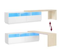 Meuble Tv, Longueur Réglable 162-270 Cm, Support Télé Modulable En L, 2 Tiroirs, 3 Casiers Ouverts, Multiprise, Blanc Nuage Et Beige Naturel