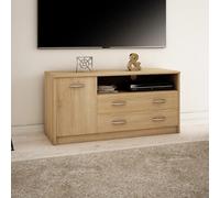 Meuble TV Lowboard de 110 cm de large avec surface mate Table TV avec 1 porte, 2 tiroirs et 2 étagères, en panneau stratifié, bord arrondi et rails à roulettes en métal Commode TV sonoma