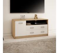 Meuble TV Lowboard de 110 cm de large avec surface mate Table TV avec 1 porte, 2 tiroirs et 2 étagères, en panneau stratifié, bord arrondi et rails à roulettes en métal Commode TV Sonoma blanc