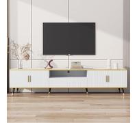 Meuble TV Luxe Moderne Aspect Marbre, Lowboard 200x40x46 cm, Commode TV pour Téléviseurs jusqu'à 90 pouces, Banc TV Blanc avec un Tiroir, un Compartiment Ouvert et deux Portes, Décoration Dorée