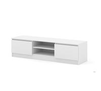 Meuble TV MAJA 150 cm blanc mat - 2 compartiments fermés et 2 étagères, design sans poignées moderne
