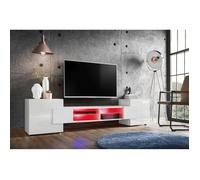 Komodee, Meuble Banc TV Merano, Blanc, Largeur 230 cm x Hauteur 52,5 cm x Profondeur 35 cm, LED RGB, pour Salon, Chambre