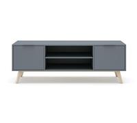 PEGANE Meuble TV, Meuble de Salon Aspect Bois avec 2 Portes et 2 niches Coloris Vert Kaki, Pieds en pin Coloris Blanc ciré - Longueur 140 x Profondeur 40 x Hauteur 53 cm
