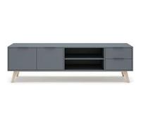 PEGANE Meuble TV, Meuble de Salon avec 2 Portes et 2 tiroirs Aspect Bois Coloris Vert Kaki, Pieds en pin Coloris Blanc ciré - Longueur 180 x Profondeur 40 x Hauteur 53 cm