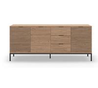PEGANE Meuble TV, Meuble de Salon avec 3 tiroirs et 3 Portes Aspect Bois Coloris Naturel, Pieds en métal Coloris Noir -Longueur 180 x Profondeur 40 x Hauteur 80 cm