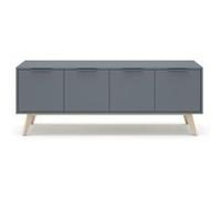 PEGANE Meuble TV, Meuble de Salon avec 4 Portes Aspect Bois Coloris Vert Kaki, Pieds en pin Coloris Blanc ciré - Longueur 140 x Profondeur 40 x Hauteur 53 cm