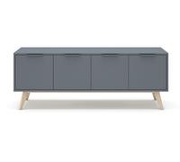 PEGANE Meuble TV, Meuble de Salon avec 4 Portes Aspect Bois Coloris Vert Kaki, Pieds en pin Coloris Blanc ciré - Longueur 140 x Profondeur 40 x Hauteur 53 cm