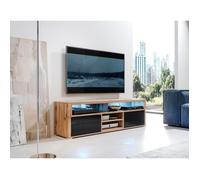 Meuble TV / Meuble de salon - MARIO - 140 cm - chêne wotan / noir brillant - avec LED - 4 niches ouvertes - 2 compartiments fermés
