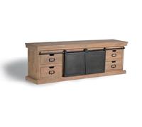 Meuble TV - Meuble de télévision - Bois de manguier et métal - Portes coulissantes et tiroirs de caractère industriel - Rangement bas pour salon - Naturel et gris foncé vieilli - 55 × 170 × 40 cm