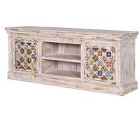 Meuble TV - Meuble TV - Décoration de salon - Bois de manguier avec carrelage et bronze - Façades ornementales artisanales - Rangement bas - Blanc vieilli multicolore - 60 × 150 × 40 cm