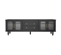 Meuble TV Mobile au Style Rétro avec Poignées Dorées, Grand Espace de Rangement, Porte en Verre et Pieds en Bois Massif, 175x38x55,5 cm, Noir