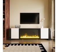 Meuble TV mobile élégant blanc et noir avec cheminée électrique décorative, meuble de salon stable avec 2 portes et étagères intérieures, design non chauffant