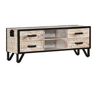 Meuble TV Moderne 110 cm en Bois d'Acacia Massif Gris avec 4 Tiroirs, Buffet Bas de Rangement pour Salon et Salle à Manger, Design Élégant Stable pour Téléviseur et Décor