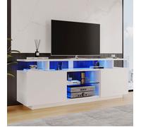 Meuble TV moderne 140cm avec LED - 2 portes et 2 compartiments en verre - Blanc