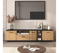 Meuble TV moderne 180 cm avec vitrine en verre et réglage. LED - Unité de rangement couleurs bois noir et naturel avec 3 portes + 1 tiroir Rouge