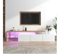 Meuble TV Moderne 197,5cm Blanc et Bois | Buffet Bas avec 2 Placards | Éclairage LED 7 Couleurs et Étagères en Verre